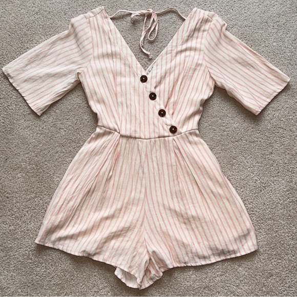 NWT Charlotte Russe Pink & White Striped Romper with Button Detail - Picture 1 of 5